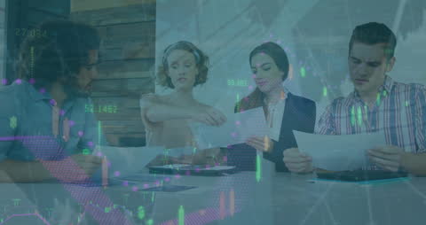 Financial Team Analyzing Data with Digital Overlay