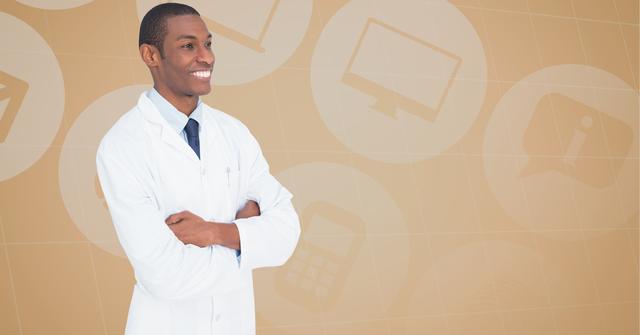 Smiling surgeon with arms crossed standing against digitally generated background