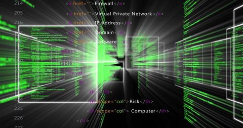 Futuristic cybersecurity tunnel showing neon green code, html tags, network risk concept