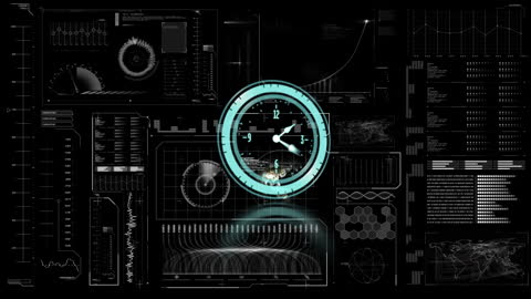 Digital Clock Interface Overlaying Data Visualizations