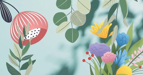 Vibrant floral digital art with botanical shadows