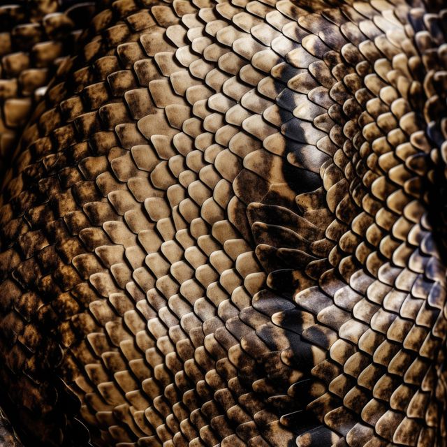 Close up of brown and cream patterned shiny scales in folds of snakeskin. Nature, leather, skin, texture and design concept digitally generated image.