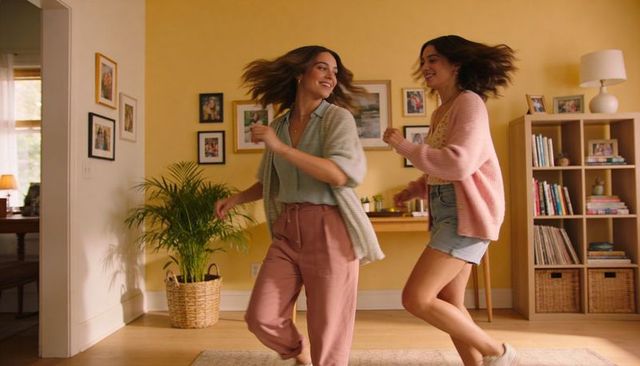 Two women dancing in knit cardigans and denim shorts, cozy cheerful living room moment