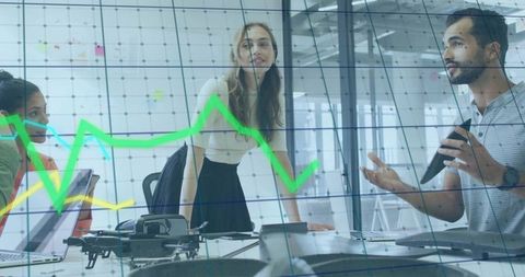 Woman Leading Team Presentation with Data Charts and Drone on Modern Office Table for Strategy