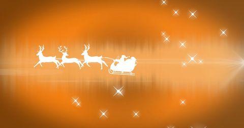 Santa Sleigh and Reindeer Silhouette on Orange Starry Background