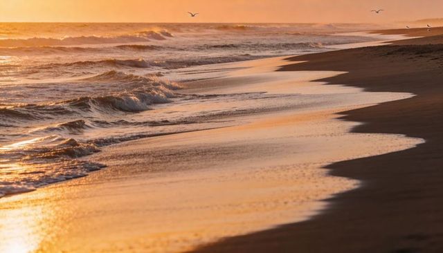 Golden sunset reflecting on rolling shoreline with gentle waves and soaring seabirds