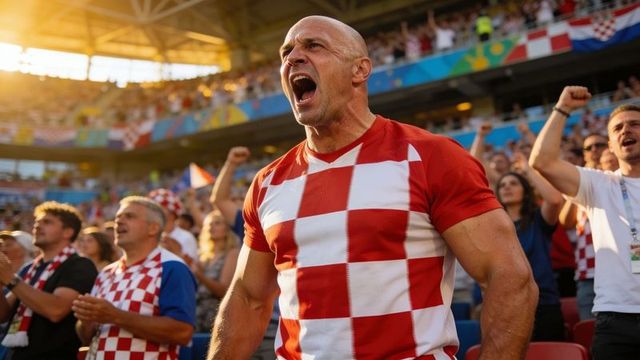 Bald muscular fan shouting and cheering in red-and-white checkered jersey at stadium