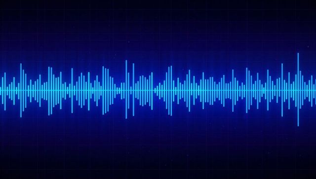 Glowing cyan audio waveform across digital grid panel