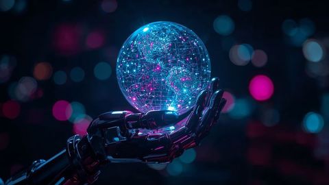 Robotic Hand Holding Holographic Digital Globe in Futuristic Lab