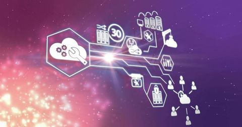 Futuristic Cloud Network Diagram With Neon Hexagon Tech Icons and Data Flow Visualization