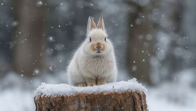 Fluffy white rabbit sitting on snow-covered stump in winter forest with falling snowflakes