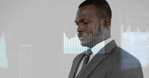 Executive analyzing interactive bar chart and line graph for business data insights