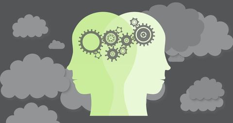 Abstract faces with gear cogs overlapping grey background