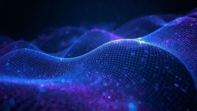 Neon wireframe mesh undulating with glowing blue purple particle lights background