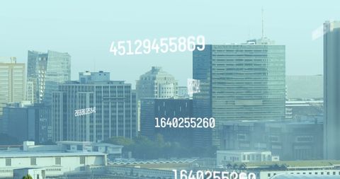 Digital composite of numbers over modern city skyline