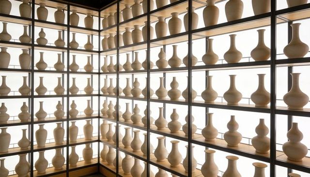 Backlit grid of beige ceramic vases on metal corner shelves showcasing minimalist symmetry