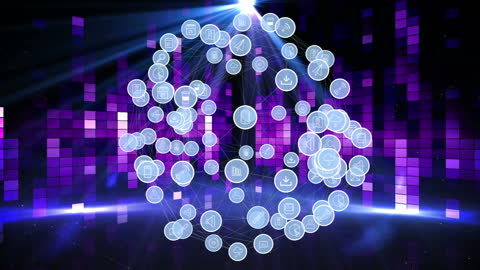 Digital Network Sphere with Glowing Icons on Gradient Background