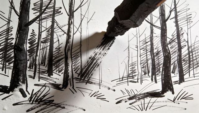 Artist Creating Bold Monochrome Forest Using Charred Brush Strokes on White Paper