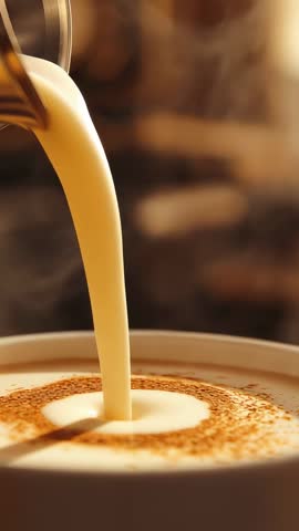 Vertical video pouring cream into coffee with cinnamon swirl, gourmet latte close-up