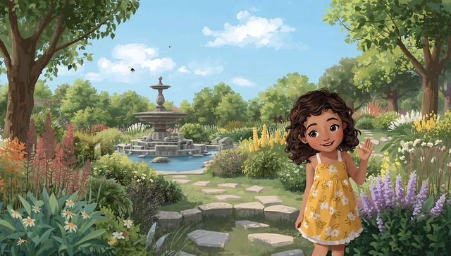 Little girl in yellow floral sundress waving on stone path by tiered fountain in garden