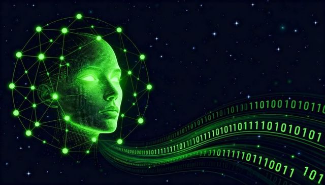 Glowing neon green ai avatar head with network halo streaming binary data ribbons