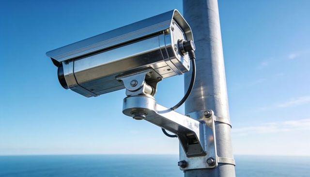 Stainless steel surveillance camera mounted on coastal pole over ocean horizon, weatherproof cctv