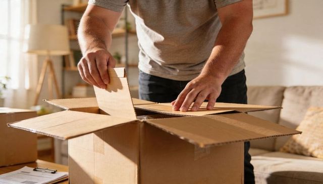 Man packing cardboard box in sunlit living room preparing for move and home organization
