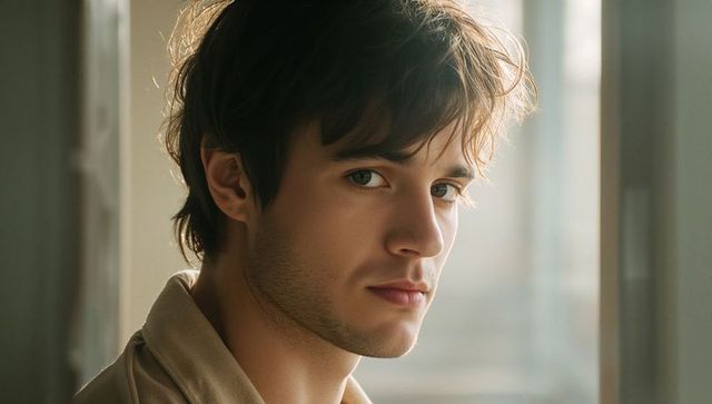 Turning young man near sunlit window, moody soft daylight portrait with stubble