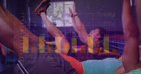 Diverse Gym Group Exhibiting Precision in Leg Raise Drills with Integrated Training Analytics