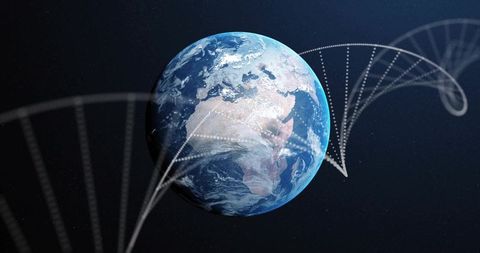 Earth floating in space tracing dotted helix orbital trajectories