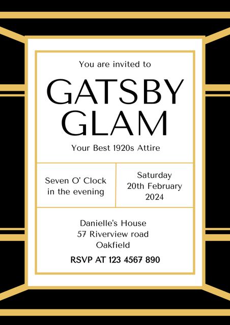 Perfect for inviting guests to a sophisticated Gatsby-themed party, this invite features a classy black and gold Art Deco design. It is well-suited for events requiring a 1920s attire theme, ideal for both formal and glamorous celebrations. This template helps set the tone for a night of vintage elegance, capturing the essence of the roaring twenties.