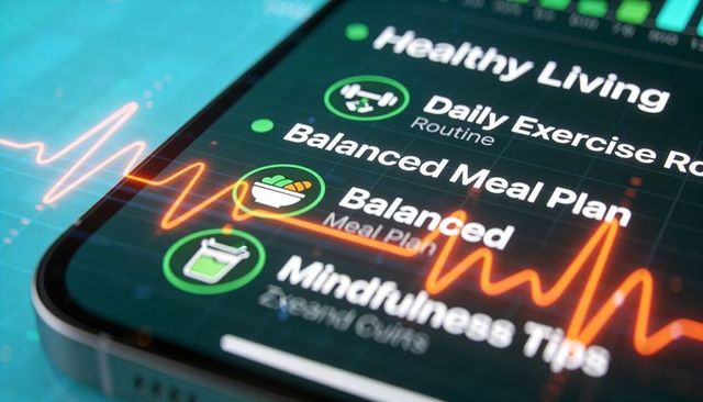 Smartphone showing healthy living app with balanced meal plan, exercise and ecg waveform
