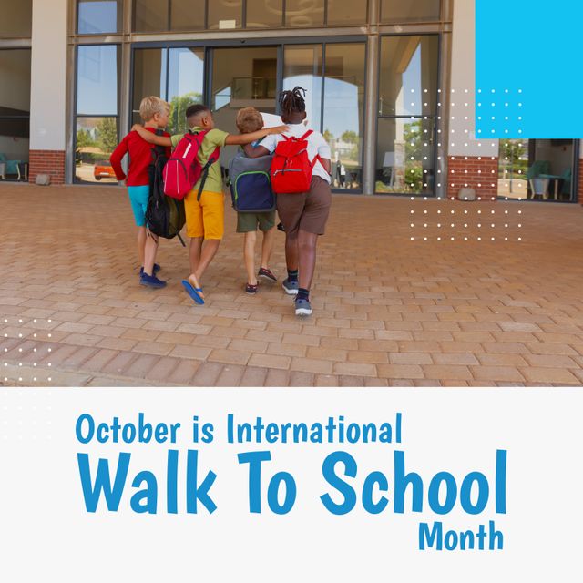 Multiracial group of boys happily walking together with backpacks toward school entrance, promoting International Walk to School Month in October. Scene symbolizes friendship, diversity, and the importance of healthy and sustainable travel to school. Perfect for promoting school events, educational campaigns, health benefits of walking, and multicultural activities.