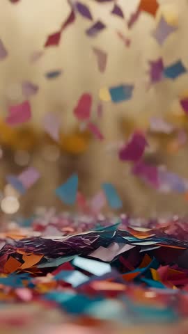 Falling Multicolor Confetti Settling on Tabletop Amid Gold Bokeh Lights Vertical Loopable Video