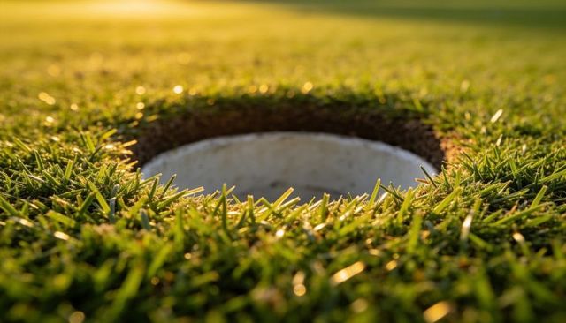 Low-angle closeup of golf hole cup with dewy putting green, soil collar and white liner