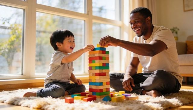 Parent and toddler building colorful block tower in sunlit living room, smiling playtime