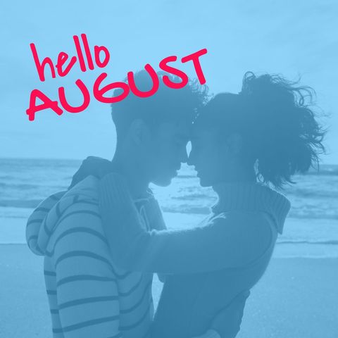 Romantic Couple Beach Embrace with Hello August Message