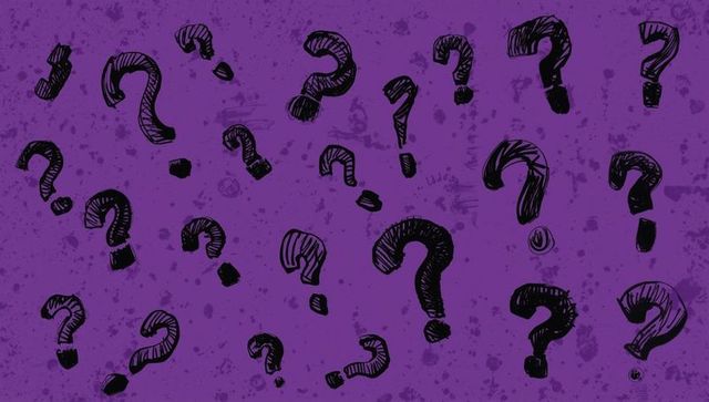 Abstract sketchy black question marks on purple background