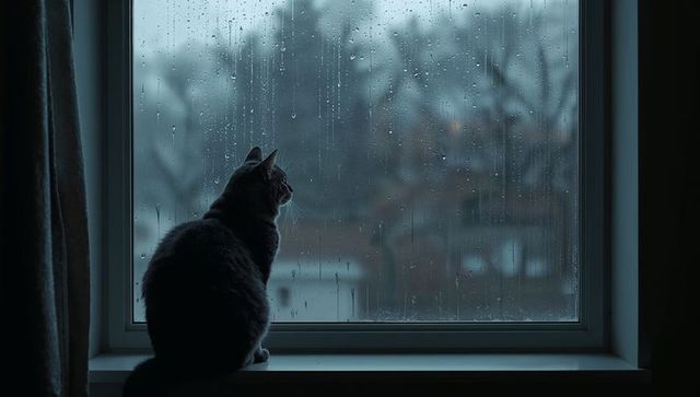 Moody cat gazing through rain-streaked window silhouette on windowsill at twilight