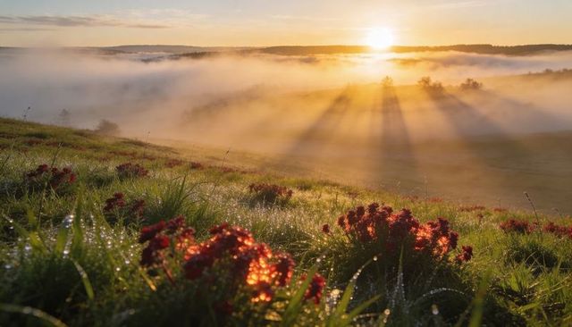 Morning sunbeams flooding foggy meadow with dewy grass and red wildflower clusters