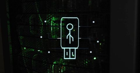 Projecting glowing schematic icon over server rack with neon green cooling fans and mesh
