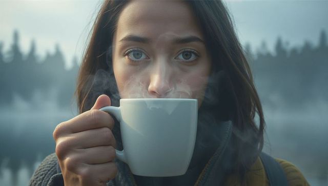 Woman enjoying warm drink by misty lakeside
