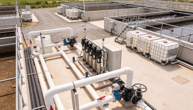 Operating water treatment plant piping and pump skid with ibc tanks and clarifiers