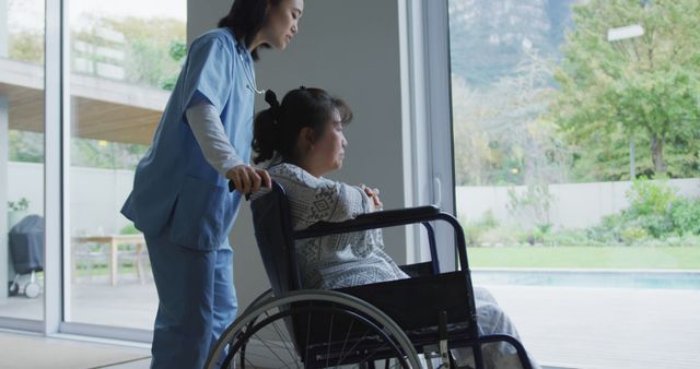 Nurse assisting woman in wheelchair next to large window with outdoor garden view. Demonstrates care, support, and healthcare services. Suitable for medical, healthcare, retirement, or home care themes and promotional materials.