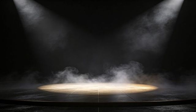 Spotlight on Empty Circular Stage Casting Warm Fog, Dramatic Cinematic Theater Lighting