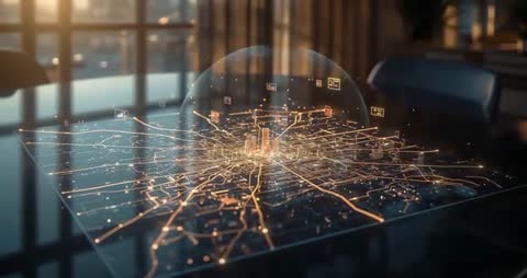 Futuristic Holographic City Map with Protective Dome Feature in Office