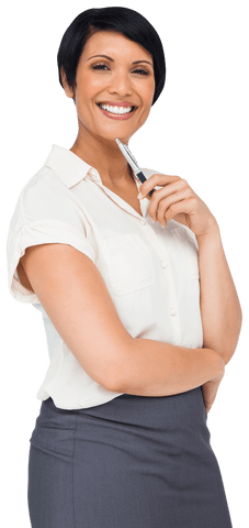 Smiling Caucasian Businesswoman Holding Pen Transparent Background
