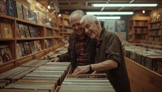 Two senior men browsing vinyl records in vintage record store, smiling and reminiscing