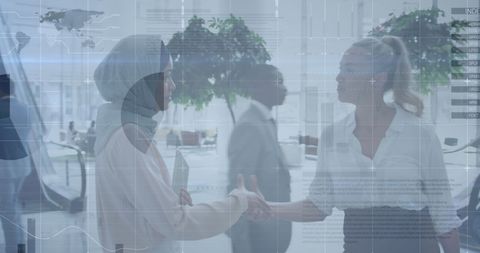 data overlay on businesswomen shaking hands in global office - Download Free Stock Images Pikwizard.com