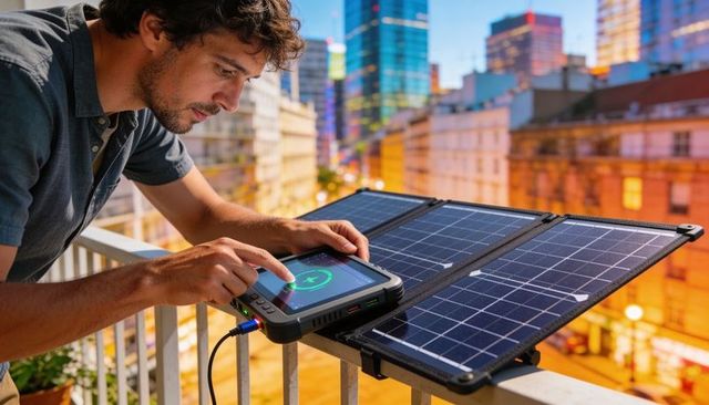 Connecting foldable solar panel to rugged portable power unit on urban balcony at dusk